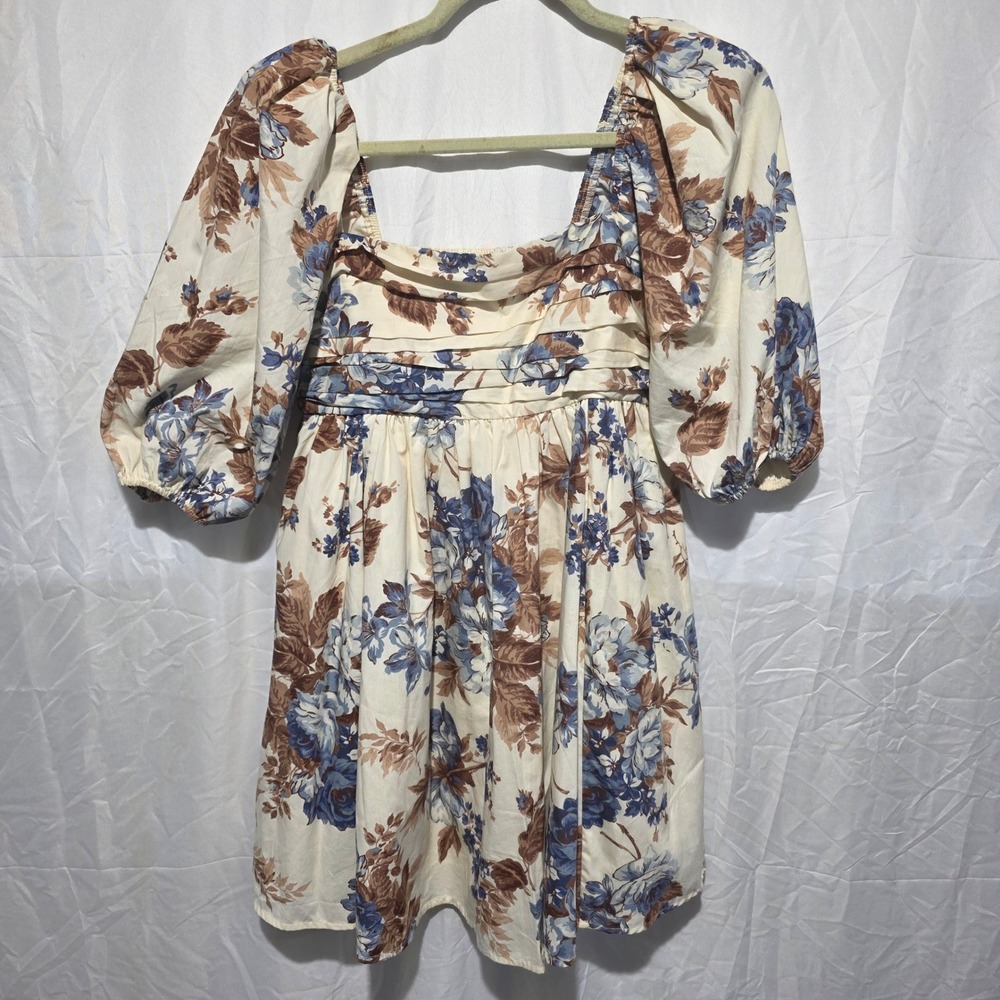 Abercrombie & Fitch Cream Floral Puff Sleeve Smocked Mini Dress Womens Size M